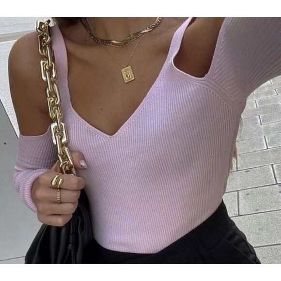 zara 6771/136/621 Solid Baby Pink Ribbed Long Sleeve Cold Shoulder Sweater Top - Picture 4 of 7